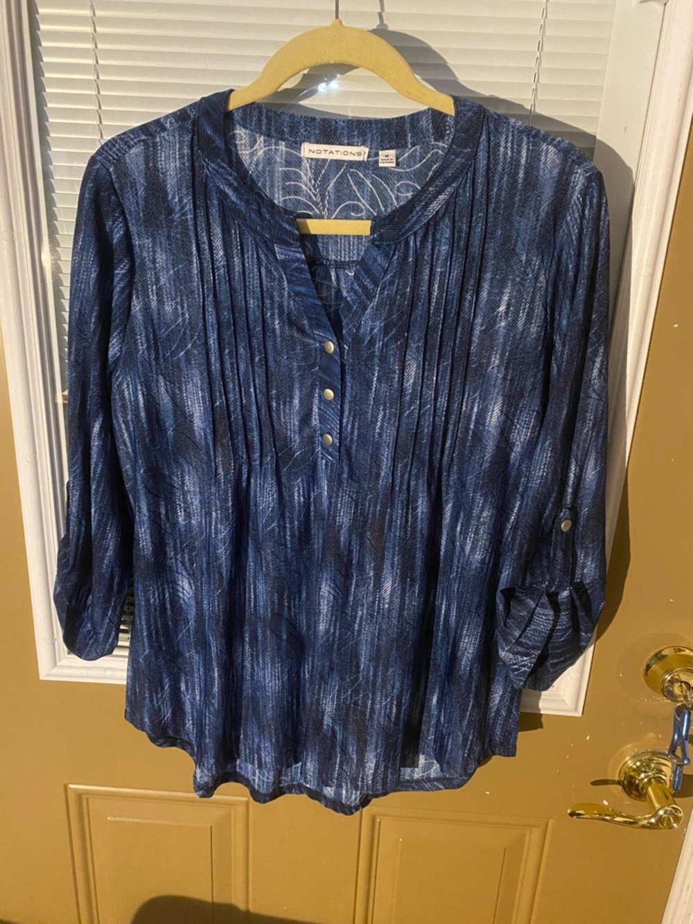 Notations Navy Pintuck Henley Top 3/4 Length Sleeves